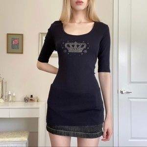 crown embellished black knit ribbed top